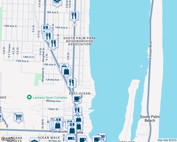 map of restaurants, bars, coffee shops, grocery stores, and more near 1516 South Lakeside Drive in Lake Worth