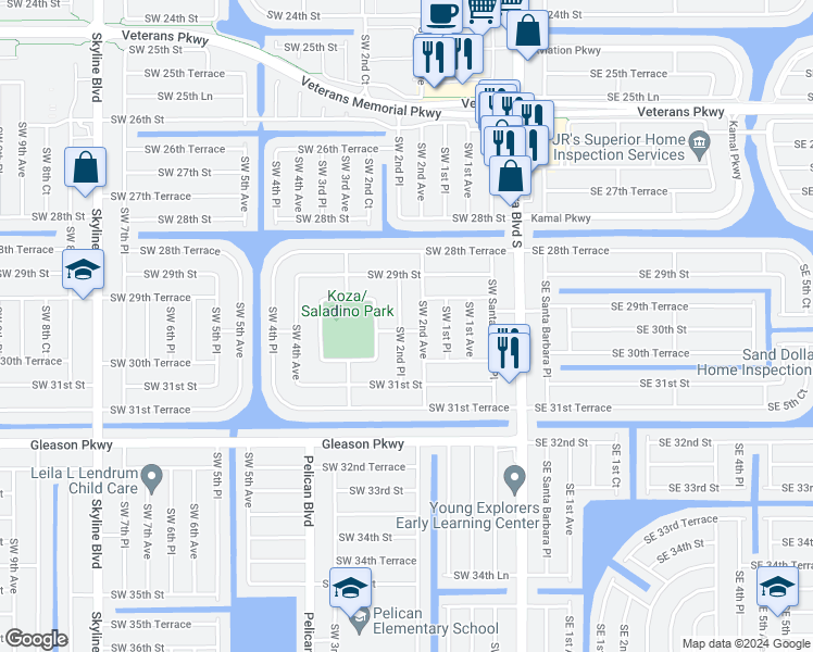 map of restaurants, bars, coffee shops, grocery stores, and more near 2931 Southwest 2nd Place in Cape Coral