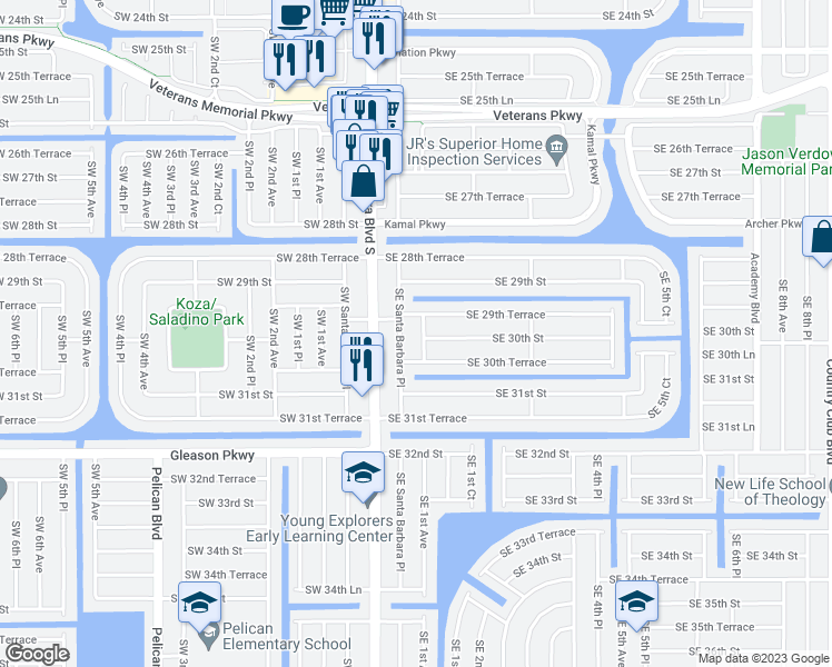 map of restaurants, bars, coffee shops, grocery stores, and more near 2930 Southeast 1st Avenue in Cape Coral