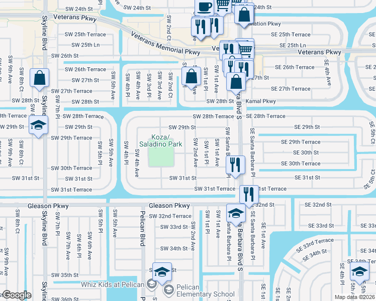 map of restaurants, bars, coffee shops, grocery stores, and more near 2931 Southwest 2nd Place in Cape Coral