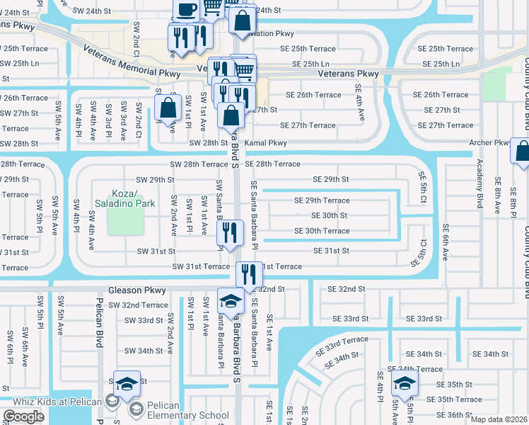 map of restaurants, bars, coffee shops, grocery stores, and more near 130 Southeast 30th Street in Cape Coral