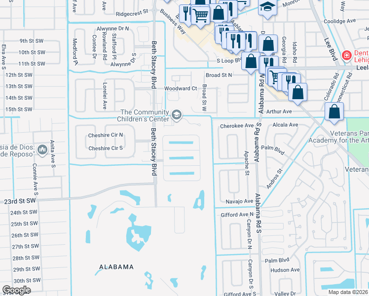 map of restaurants, bars, coffee shops, grocery stores, and more near 18297 Gibraltar Lane in Lehigh Acres