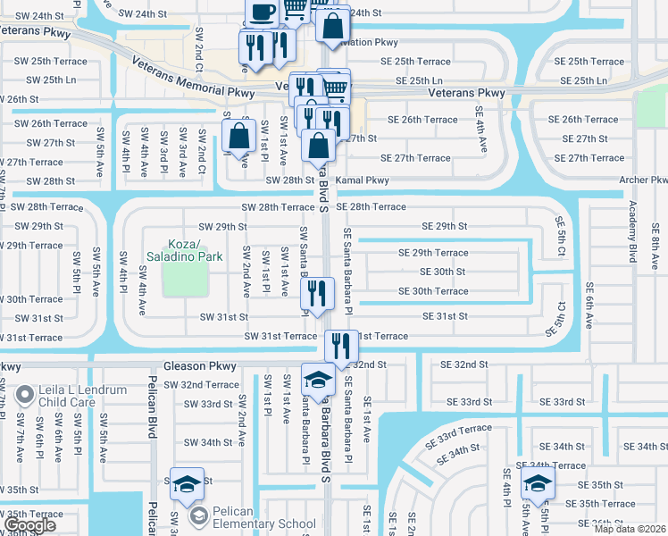 map of restaurants, bars, coffee shops, grocery stores, and more near 2936 Southeast Santa Barbara Place in Cape Coral