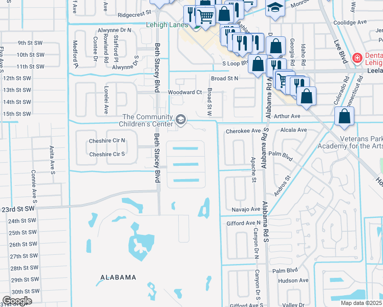 map of restaurants, bars, coffee shops, grocery stores, and more near 18297 Gibraltar Lane in Lehigh Acres