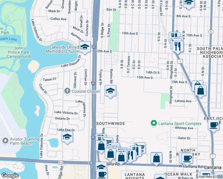 map of restaurants, bars, coffee shops, grocery stores, and more near 1510 Barton Road in Lake Worth