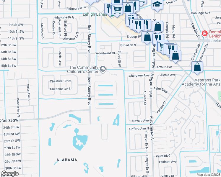 map of restaurants, bars, coffee shops, grocery stores, and more near 18297 Gibraltar Lane in Lehigh Acres