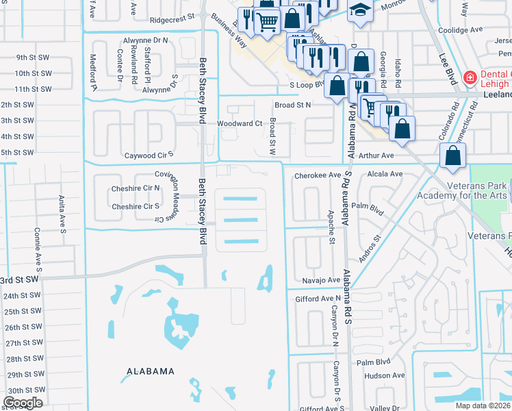 map of restaurants, bars, coffee shops, grocery stores, and more near 9183 Aegean Circle in Lehigh Acres