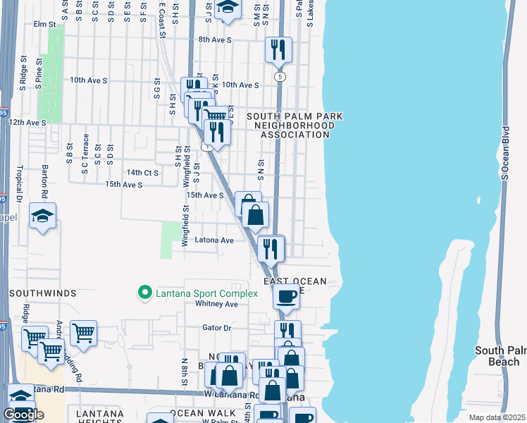 map of restaurants, bars, coffee shops, grocery stores, and more near 1526 South N Street in Lake Worth