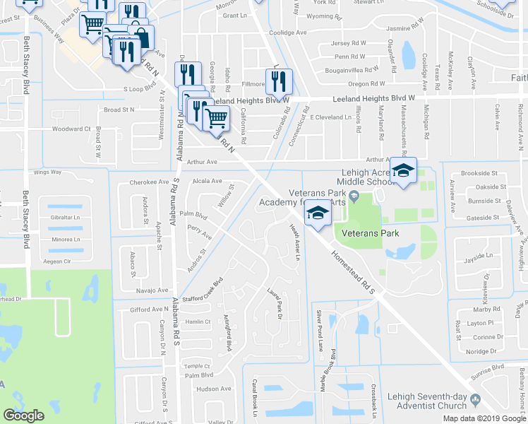 map of restaurants, bars, coffee shops, grocery stores, and more near 55 Desert Candle Circle in Lehigh Acres