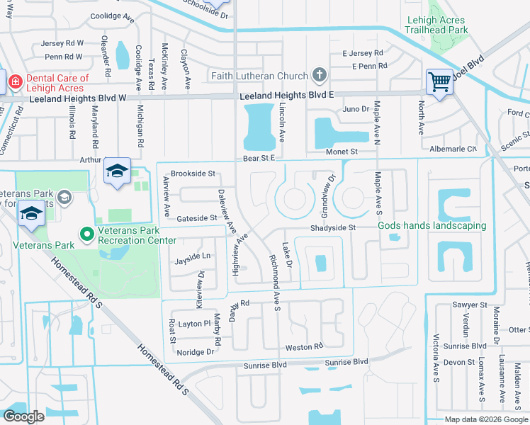 map of restaurants, bars, coffee shops, grocery stores, and more near 121 Highview Avenue in Lehigh Acres