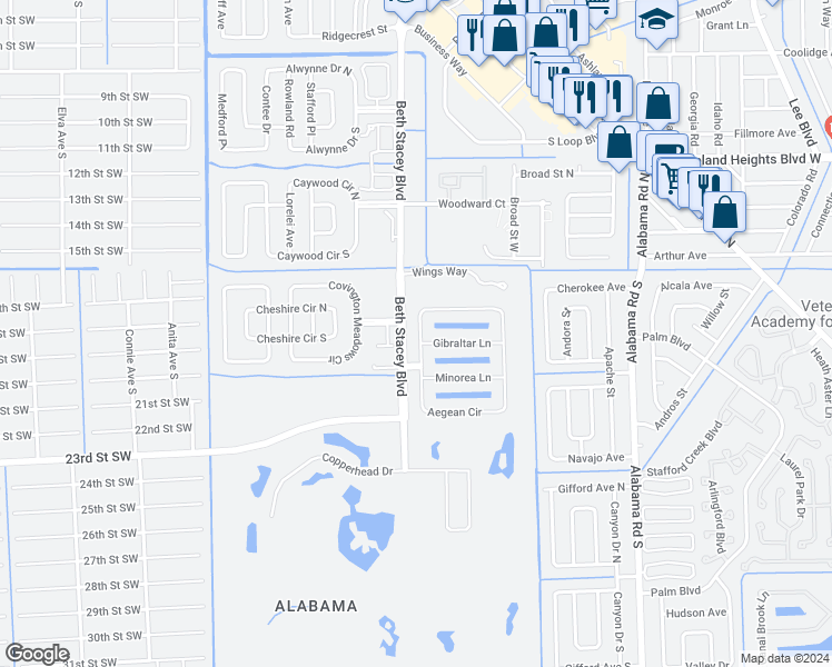 map of restaurants, bars, coffee shops, grocery stores, and more near 9029 Aegean Circle in Lehigh Acres