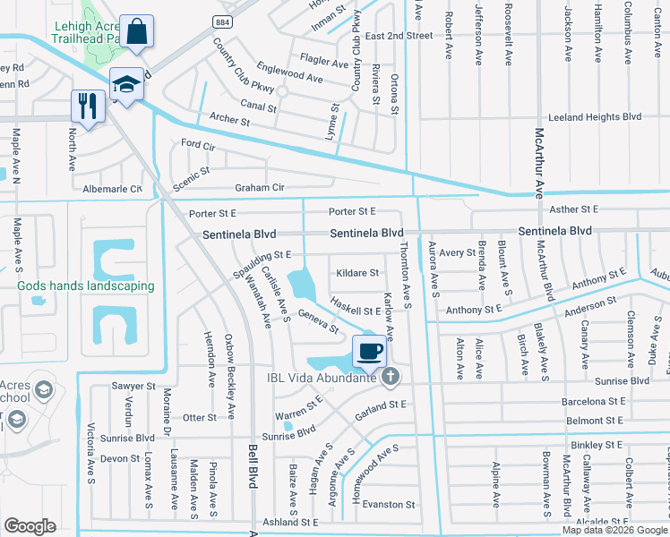 map of restaurants, bars, coffee shops, grocery stores, and more near 848 Haskell Street East in Lehigh Acres