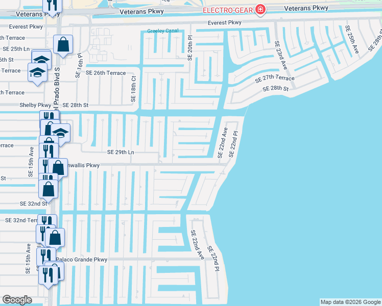 map of restaurants, bars, coffee shops, grocery stores, and more near 2027 Cornwallis Parkway in Cape Coral