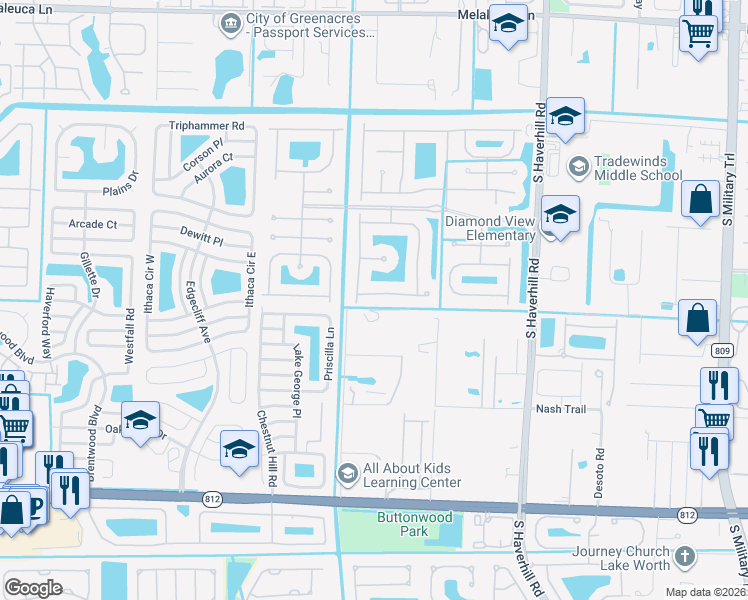 map of restaurants, bars, coffee shops, grocery stores, and more near 5034 Sabreline Terrace in Greenacres
