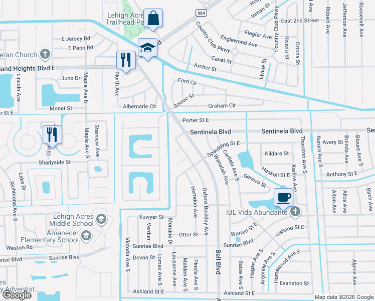 map of restaurants, bars, coffee shops, grocery stores, and more near 139 Oxbow Beckley Avenue in Lehigh Acres