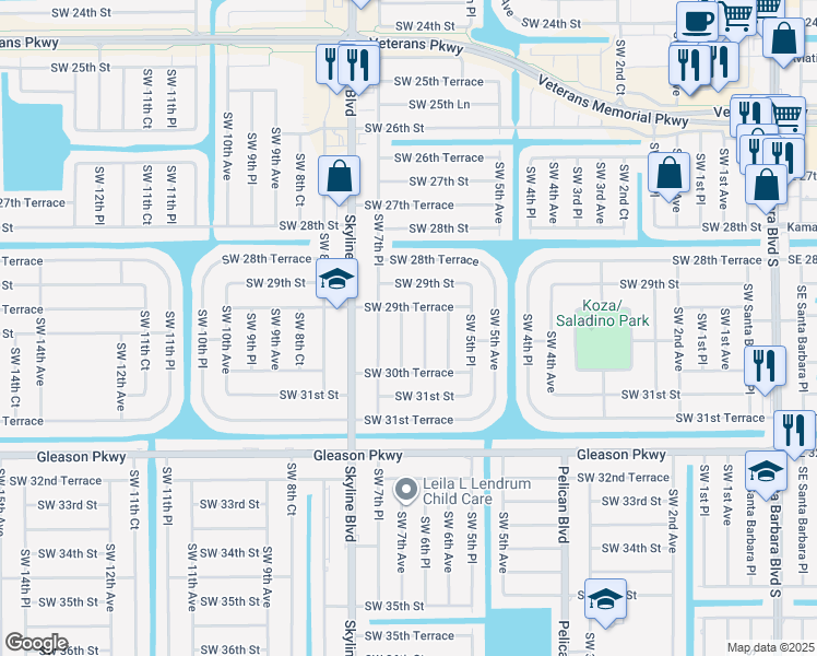 map of restaurants, bars, coffee shops, grocery stores, and more near 2939 Southwest 7th Avenue in Cape Coral