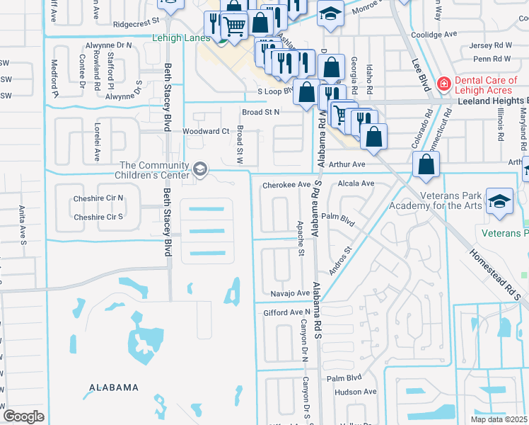 map of restaurants, bars, coffee shops, grocery stores, and more near 1138 Cherokee Avenue in Lehigh Acres
