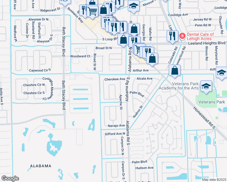 map of restaurants, bars, coffee shops, grocery stores, and more near 18 Andora Street in Lehigh Acres