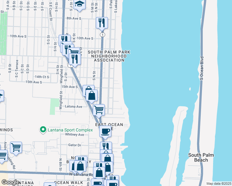 map of restaurants, bars, coffee shops, grocery stores, and more near 1516 South Lakeside Drive in Lake Worth