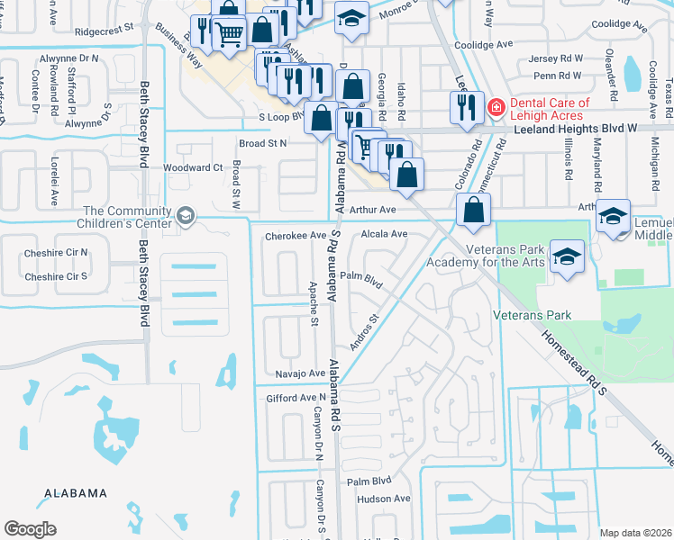 map of restaurants, bars, coffee shops, grocery stores, and more near 26 Alabama Road South in Lehigh Acres