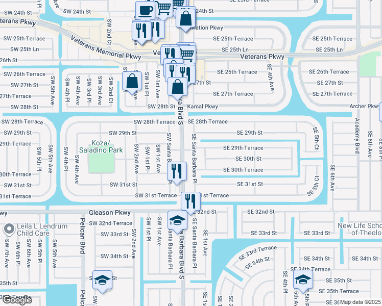 map of restaurants, bars, coffee shops, grocery stores, and more near 2936 Southeast Santa Barbara Place in Cape Coral