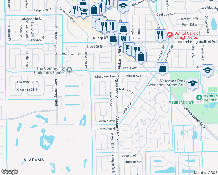 map of restaurants, bars, coffee shops, grocery stores, and more near 103 Alabama Road South in Lehigh Acres