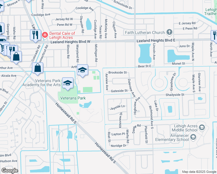 map of restaurants, bars, coffee shops, grocery stores, and more near 115 Airview Avenue in Lehigh Acres