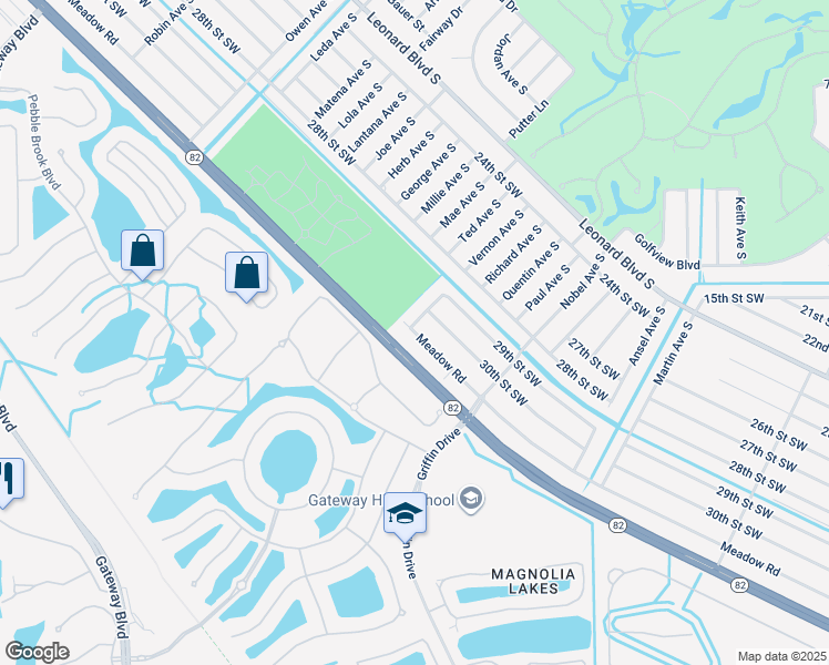 map of restaurants, bars, coffee shops, grocery stores, and more near 523 Meadow Road in Lehigh Acres