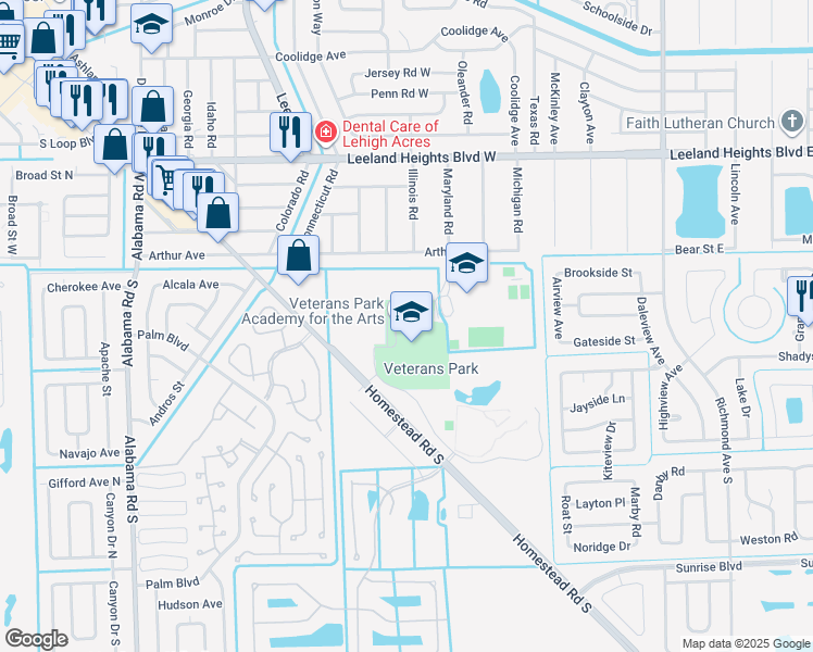map of restaurants, bars, coffee shops, grocery stores, and more near 49 Homestead Road South in Lehigh Acres