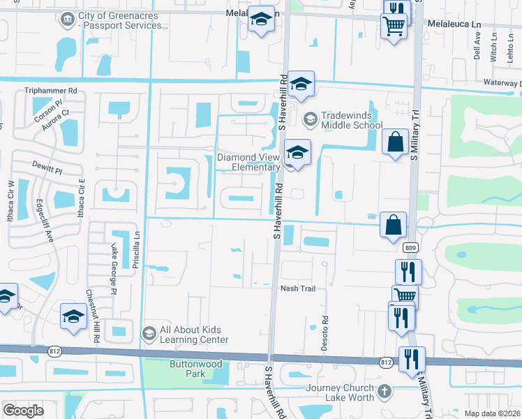 map of restaurants, bars, coffee shops, grocery stores, and more near 5082 Nautica Lake Circle in Greenacres
