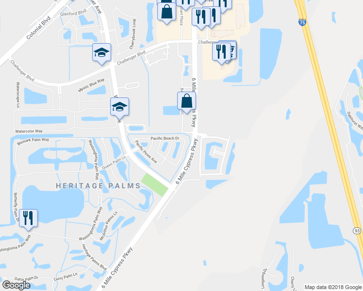 map of restaurants, bars, coffee shops, grocery stores, and more near 8202 Pacific Beach Drive in Fort Myers