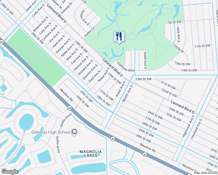 map of restaurants, bars, coffee shops, grocery stores, and more near 2416 Mansfield Avenue South in Lehigh Acres