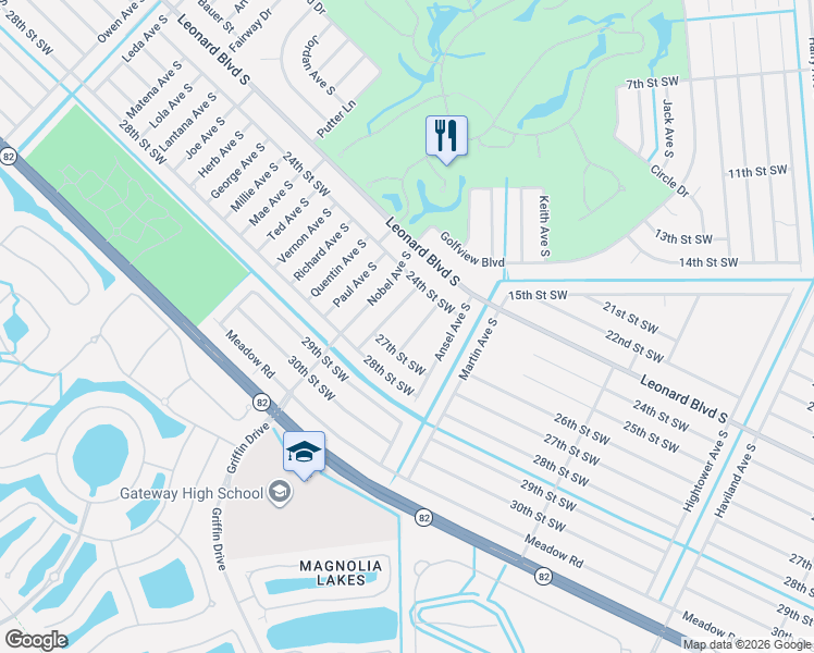 map of restaurants, bars, coffee shops, grocery stores, and more near 2416 Mansfield Avenue South in Lehigh Acres