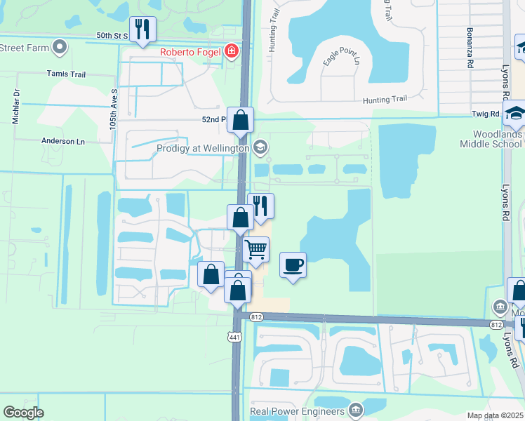 map of restaurants, bars, coffee shops, grocery stores, and more near 9948 Woodwind Lane in Lake Worth