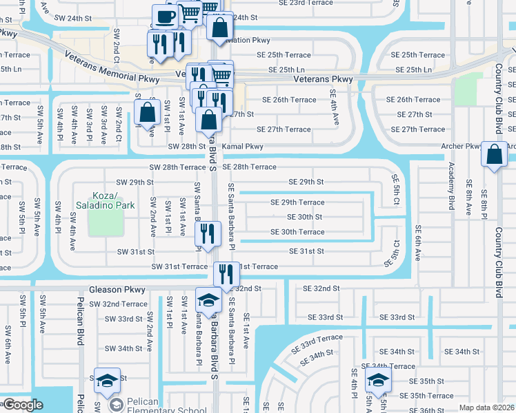 map of restaurants, bars, coffee shops, grocery stores, and more near 138 Southeast 29th Terrace in Cape Coral