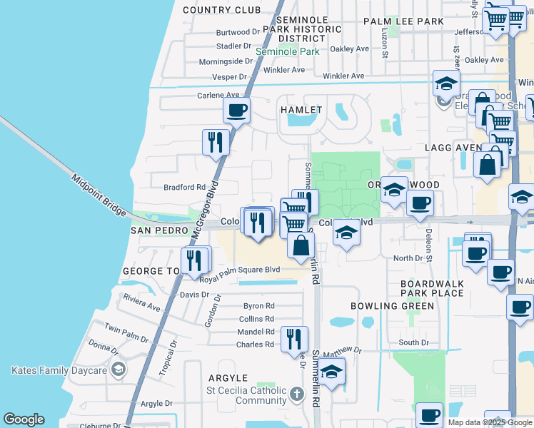 map of restaurants, bars, coffee shops, grocery stores, and more near 1428 Colonial Boulevard in Fort Myers
