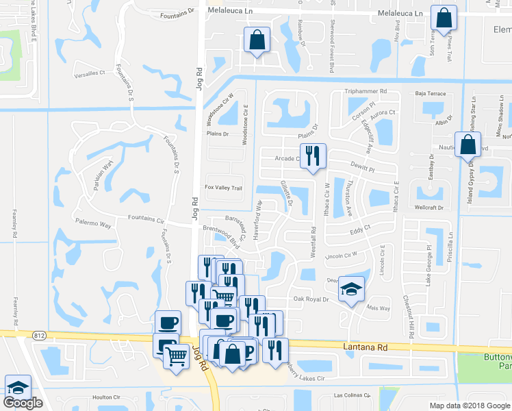 map of restaurants, bars, coffee shops, grocery stores, and more near 5535 Haverford Way in Lake Worth