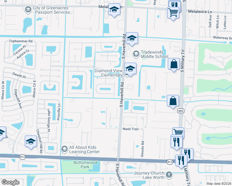 map of restaurants, bars, coffee shops, grocery stores, and more near 5082 Nautica Lake Circle in Greenacres