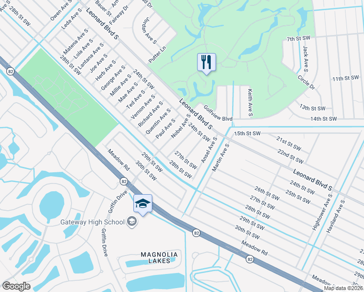 map of restaurants, bars, coffee shops, grocery stores, and more near 2428 Mansfield Avenue South in Lehigh Acres
