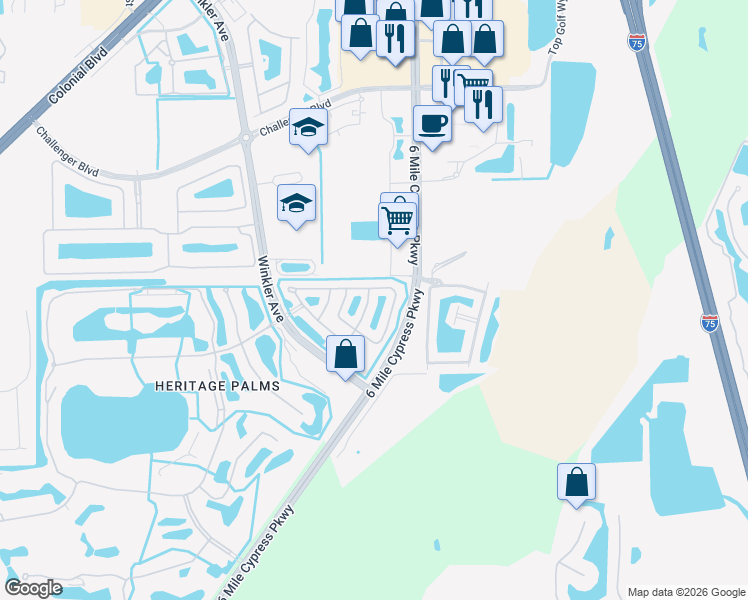 map of restaurants, bars, coffee shops, grocery stores, and more near 10049 Poppy Hill Drive in Fort Myers