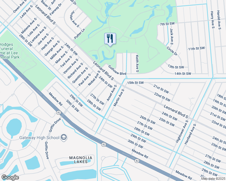 map of restaurants, bars, coffee shops, grocery stores, and more near 2500 Martin Avenue South in Lehigh Acres