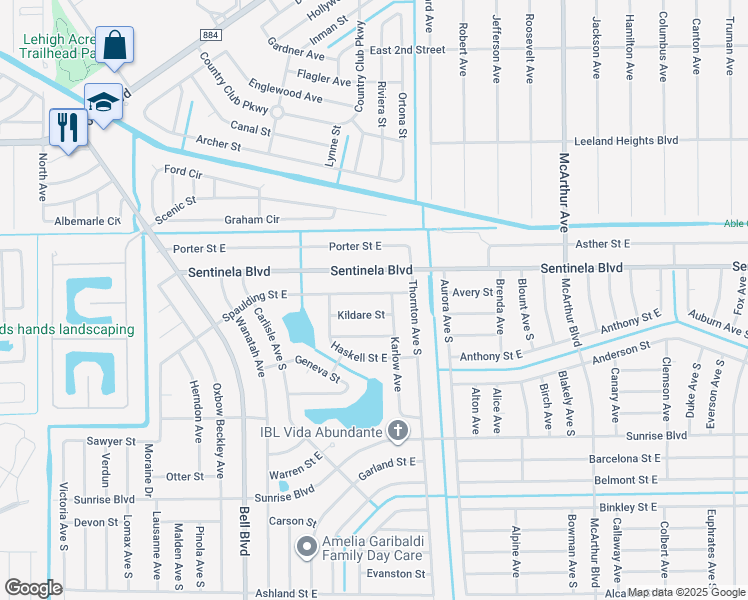 map of restaurants, bars, coffee shops, grocery stores, and more near 866 Sentinela Boulevard in Lehigh Acres