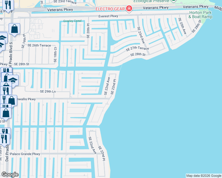 map of restaurants, bars, coffee shops, grocery stores, and more near 2908 Southeast 22nd Place in Cape Coral