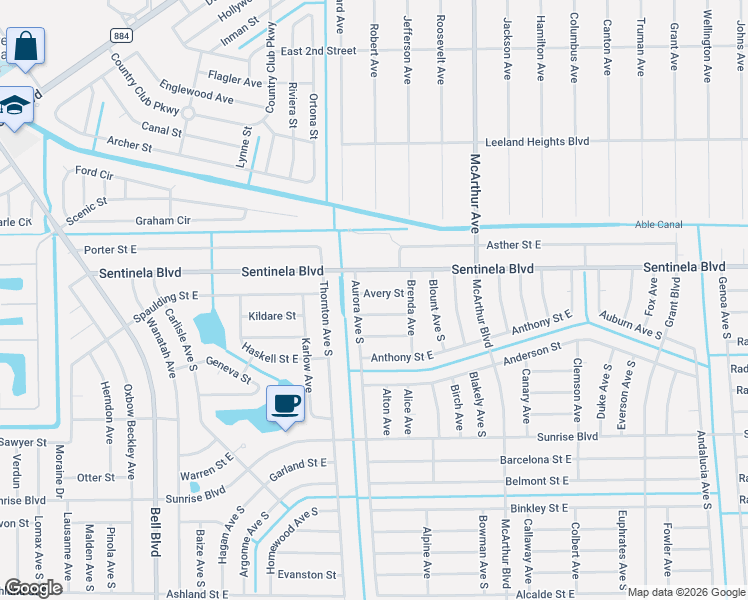 map of restaurants, bars, coffee shops, grocery stores, and more near 910 Sentinela Boulevard in Lehigh Acres