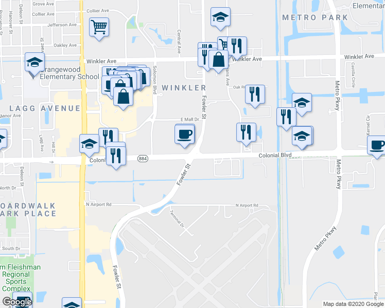 map of restaurants, bars, coffee shops, grocery stores, and more near 4460 Fowler Street in Fort Myers