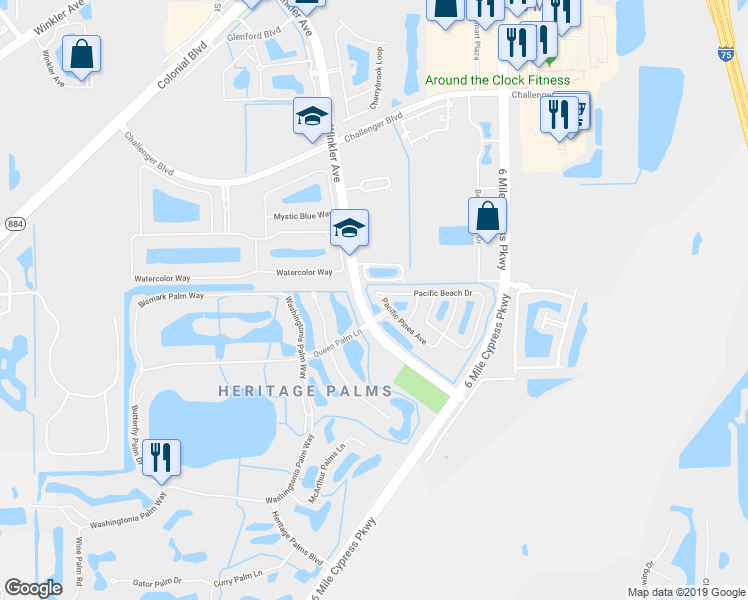 map of restaurants, bars, coffee shops, grocery stores, and more near 8007 Casa Palermo Circle in Fort Myers