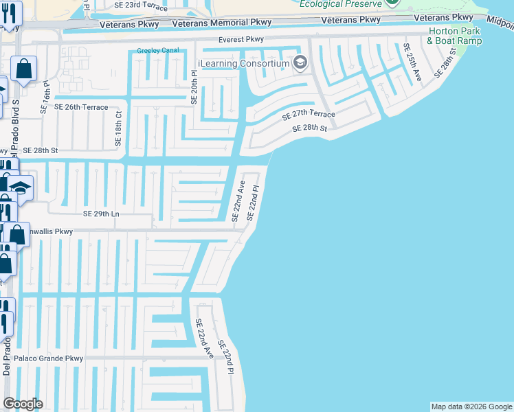 map of restaurants, bars, coffee shops, grocery stores, and more near 2819 Southeast 22nd Avenue in Cape Coral