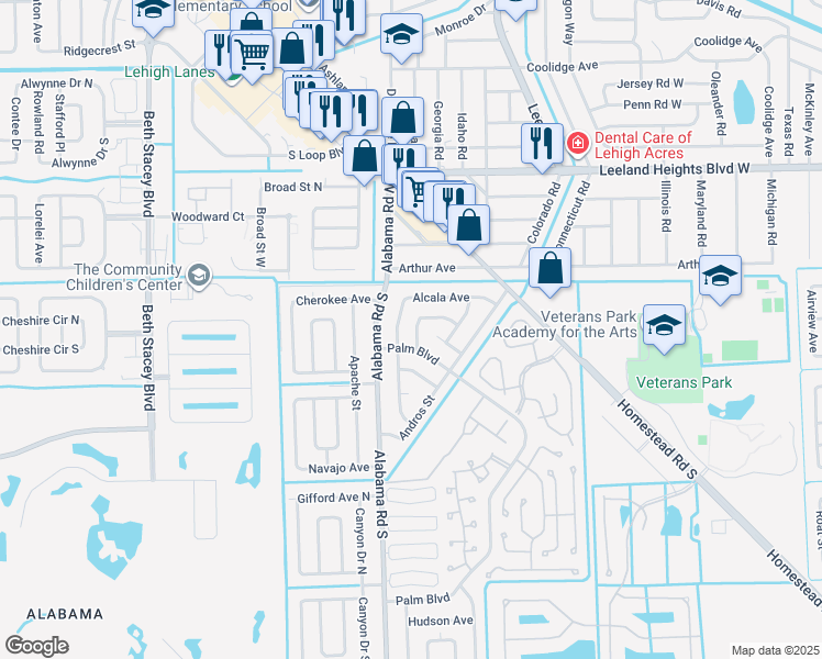 map of restaurants, bars, coffee shops, grocery stores, and more near 12 Alcala Avenue in Lehigh Acres