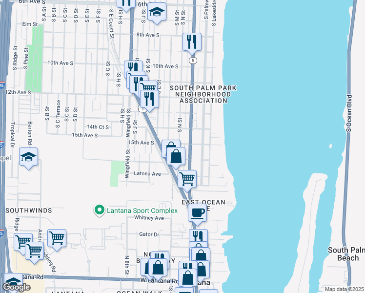 map of restaurants, bars, coffee shops, grocery stores, and more near 1401 South Federal Highway in Lake Worth