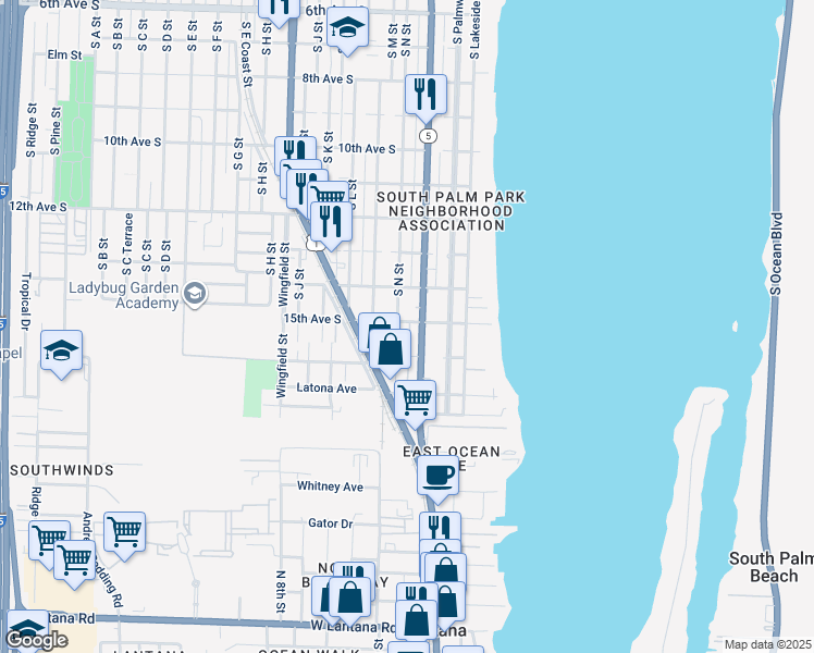 map of restaurants, bars, coffee shops, grocery stores, and more near 1401 South Federal Highway in Lake Worth